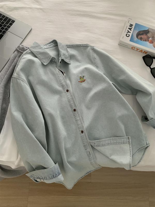 清新文藝紗 復古淺藍小馬刺繡翻領襯衫上衣 清新文藝紗 復古淺藍小馬刺繡翻領襯衫上衣