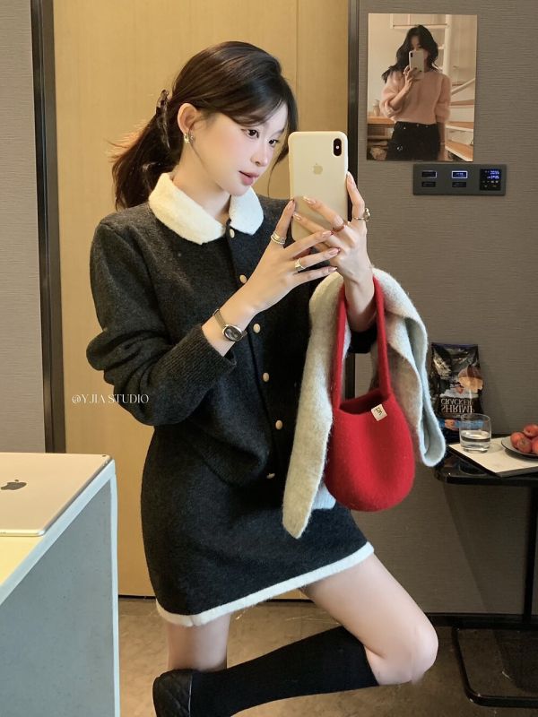 法式小香風撞色翻領針織開衫+高腰半身裙-2色 法式小香風撞色翻領針織開衫+高腰半身裙-2色