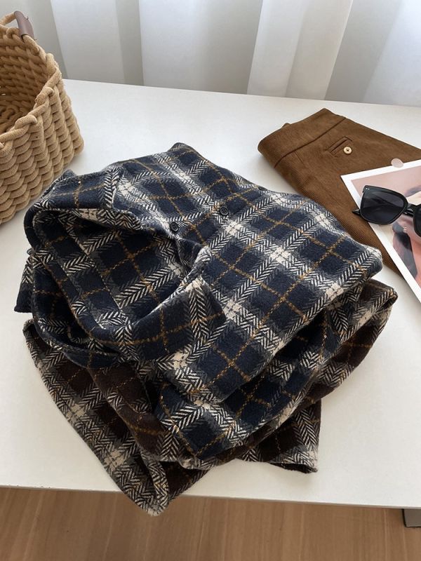 金絲勾線復古加厚格子襯衫外套-2色 金絲勾線復古加厚格子襯衫外套-2色