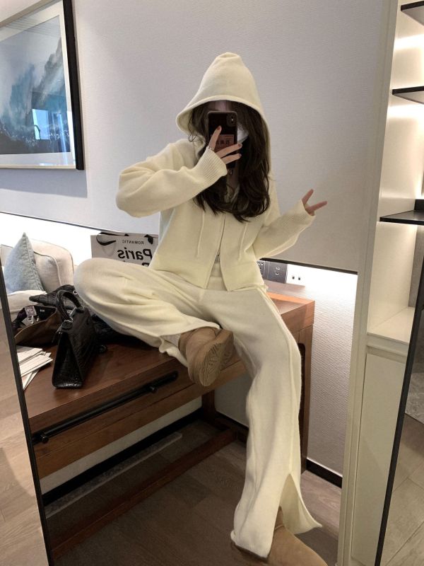 寬鬆連帽針織開衫+闊腿褲休閒套裝-3色 寬鬆連帽針織開衫+闊腿褲休閒套裝-3色