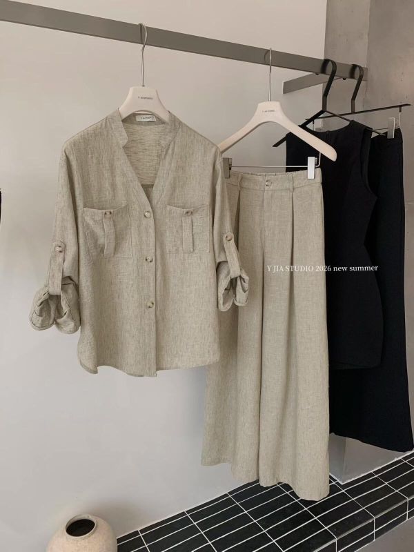 老錢亞麻百搭襯衫+寬鬆闊腿褲鬆弛感兩件套裝 老錢亞麻百搭襯衫+闊腿褲兩件套