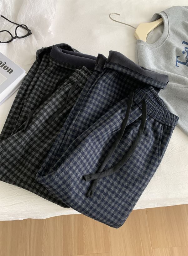 加厚加絨格子直筒保暖休閒褲-2色 加厚加絨格子直筒保暖休閒褲-2色