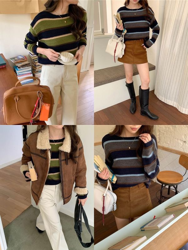 治癒假期 韓系慵懶撞色條紋寬鬆毛衣-2色 治癒假期 韓系慵懶撞色條紋寬鬆毛衣-2色