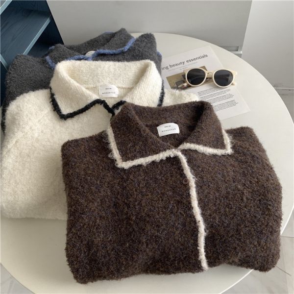 撞色翻領韓系鑲邊柔軟上衣罩衫-3色 撞色翻領韓需要鑲邊柔軟上衣罩衫-3色