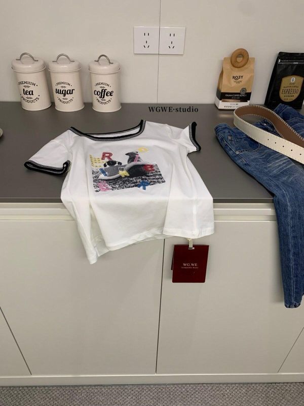 復古童趣圖案字母印花撞色拼邊正肩tee-3色 復古童趣圖案字母印花撞色拼邊正肩tee-3色