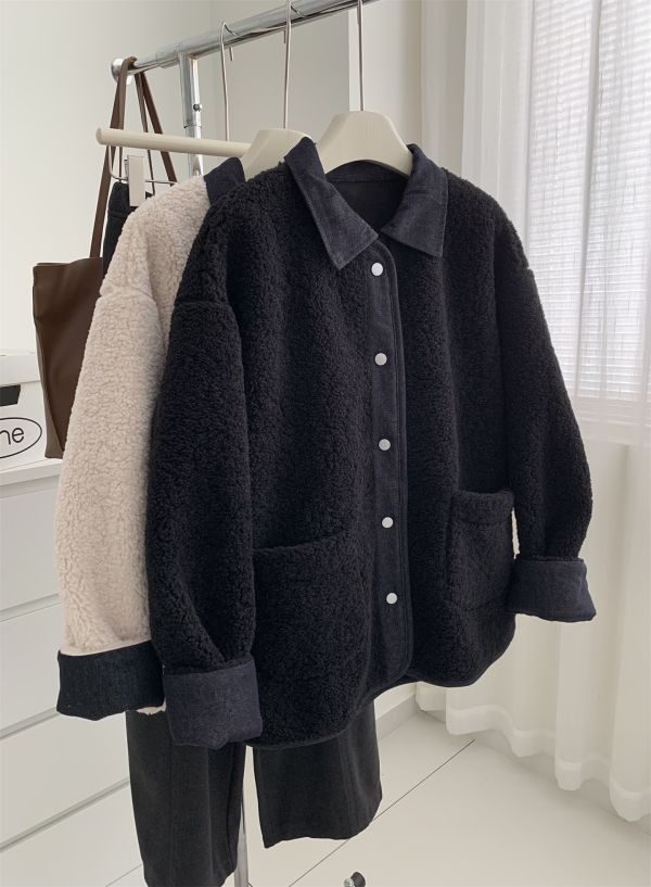 拼接牛仔設計感翻領仿羊毛保暖麂皮絨外套-3色 拼接牛仔設計感翻領仿羊毛保暖麂皮絨外套-3色