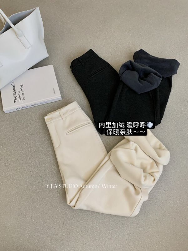 韓系簡約風毛呢加厚加絨窄版直筒微喇叭休閒褲-2色 韓系簡約風毛呢加厚加絨窄版直筒微喇叭休閒褲-2色