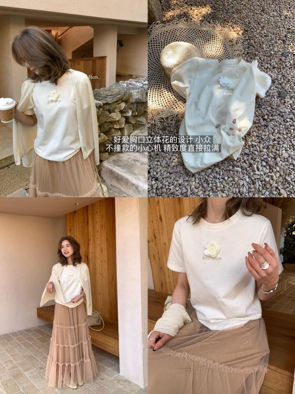 不撞款 韓系chic立體花朵刺繡別緻圓領T恤-3色 不撞款 韓系chic立體花朵刺繡別緻圓領T恤-3色