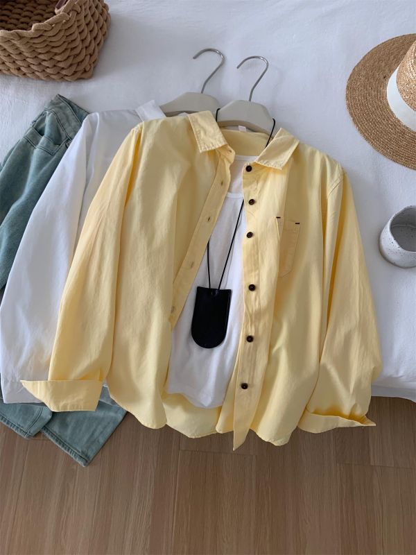 多巴胺彩色翻領水洗棉防曬襯衫上衣-4色 多巴胺彩色翻領水洗棉防曬襯衫上衣-4色