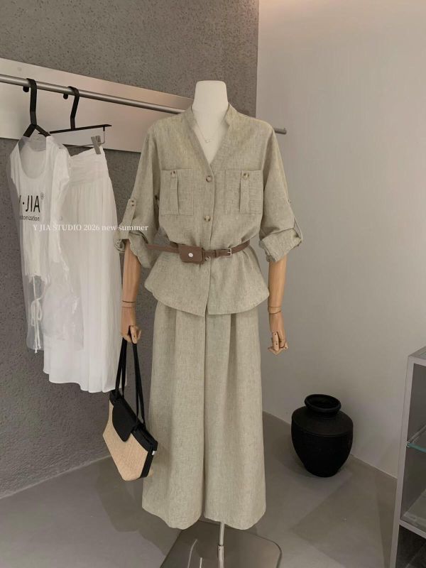 老錢亞麻百搭襯衫+寬鬆闊腿褲鬆弛感兩件套裝 老錢亞麻百搭襯衫+闊腿褲兩件套