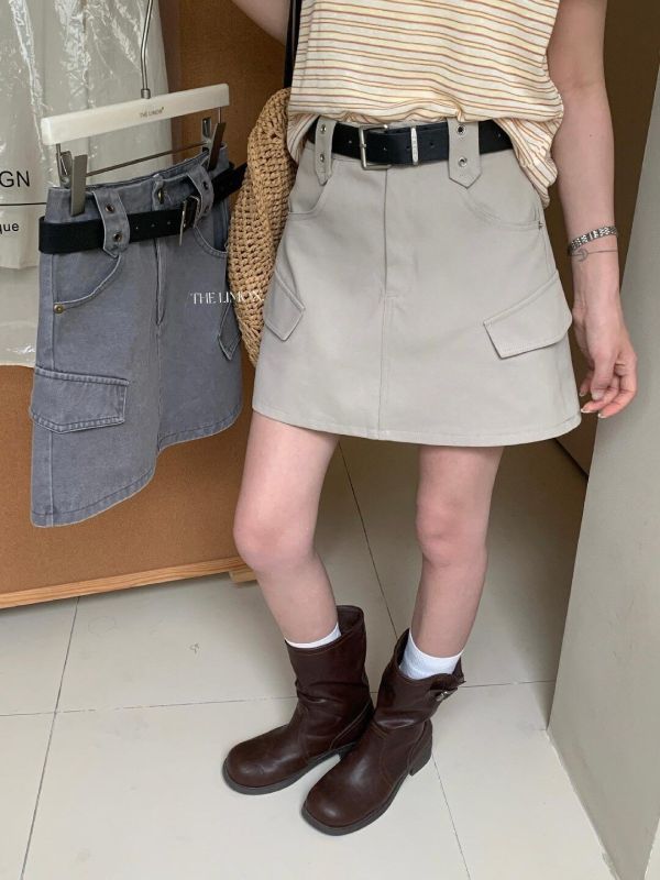 美式復古風氣質設計感高腰A字工裝裙-2色 美式復古風氣質設計感高腰A字工裝裙-2色