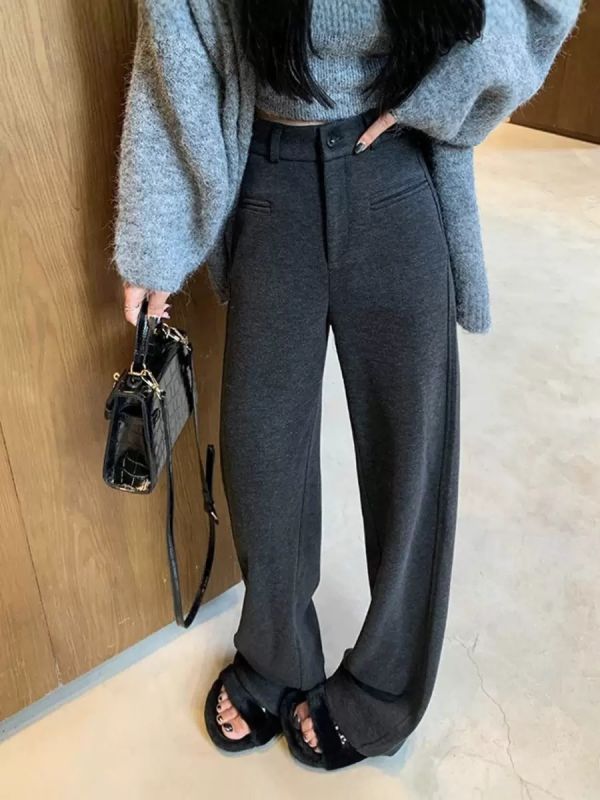 韓系簡約風毛呢加厚加絨窄版直筒微喇叭休閒褲-2色 韓系簡約風毛呢加厚加絨窄版直筒微喇叭休閒褲-2色