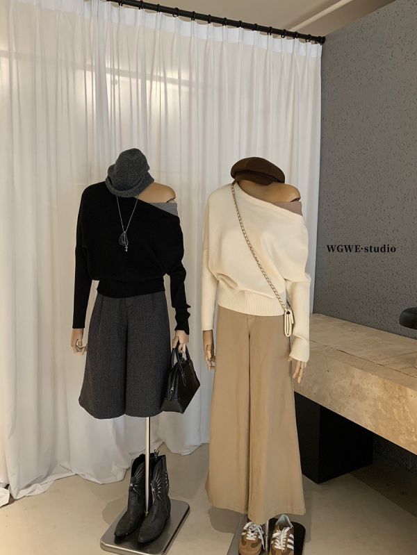 溫柔百搭顯瘦斜肩撞色針織上衣-4色 溫柔百搭顯瘦斜肩撞色針織上衣-4色