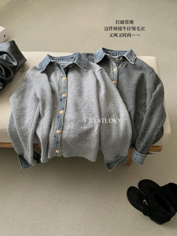 假兩件牛仔拼接翻領撞色針織上衣-4色 假兩件牛仔拼接翻領撞色針織上衣-4色