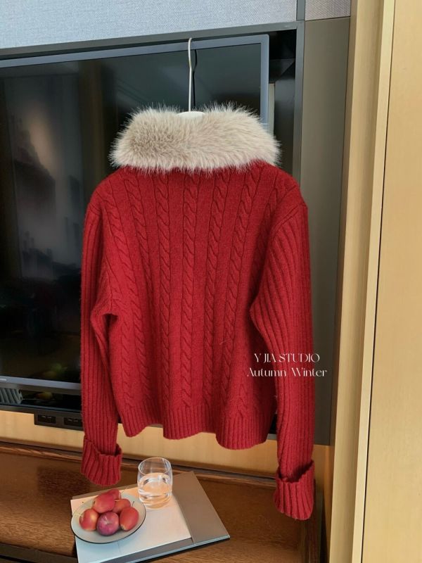 韓系氛圍感麻花雙拉鏈氣質毛衣外套（毛領可拆）-4色 韓系氛圍感麻花雙拉鏈氣質毛衣外套（毛領可拆）-4色