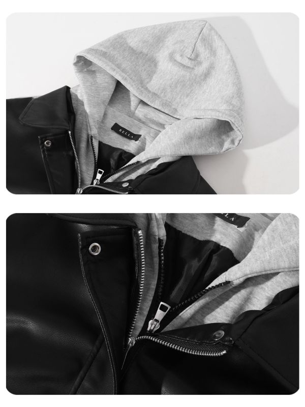 甜酷黑色假兩件高級感寬鬆pu皮外套 甜酷黑色假兩件高級感寬鬆pu皮外套