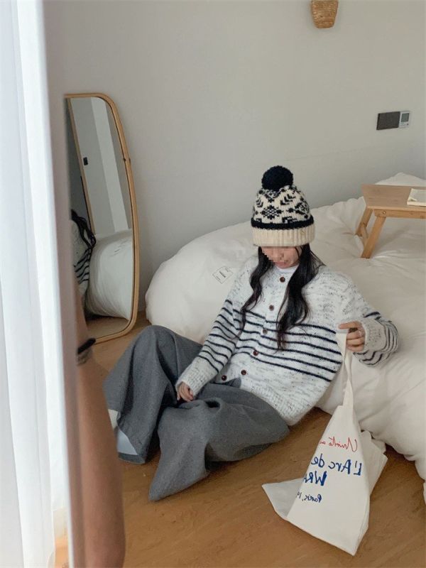 復古羊駝條紋含羊毛開衫外套-2色 復古羊駝條紋含羊毛開衫外套-2色