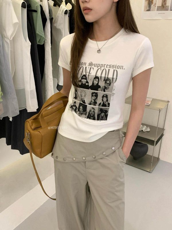夏日美式人物頭像修身顯瘦短T-2色 夏日美式人物頭像修身顯瘦短T-2色