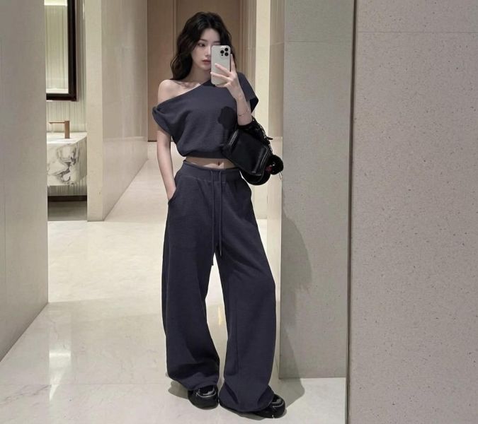 扭結斜肩上衣＋褲子SET-3色 扭結斜肩上衣＋褲子SET-3色