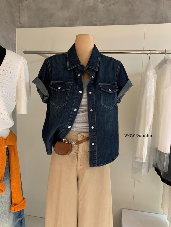 夏季美式復古休閒口袋牛仔襯衫 夏季美式復古休閒口袋牛仔襯衫