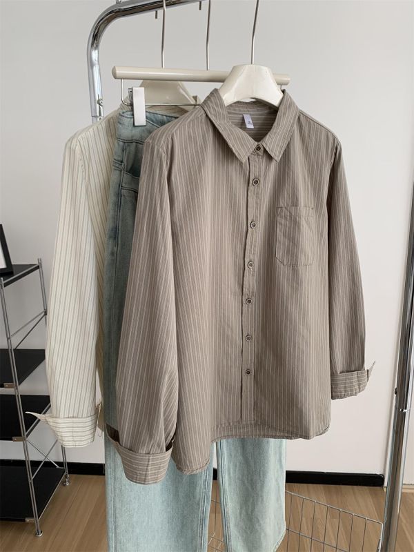 文藝小清新豎條紋單穿疊穿襯衫上衣-2色 文藝小清新豎條紋單穿疊穿襯衫上衣-2色