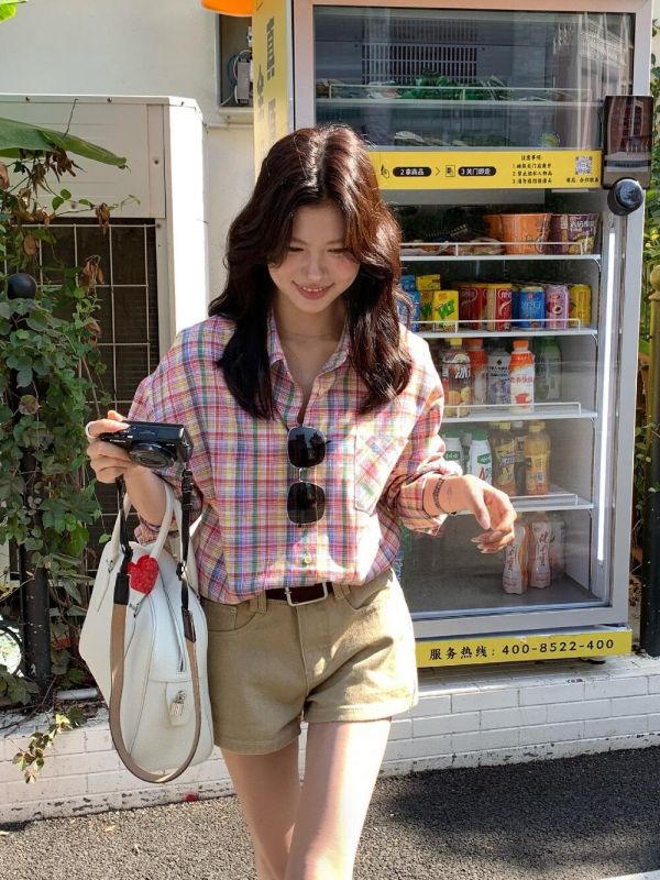 韓風寬鬆彩格休閒防曬襯衫上衣 韓風寬鬆彩格休閒防曬襯衫上衣