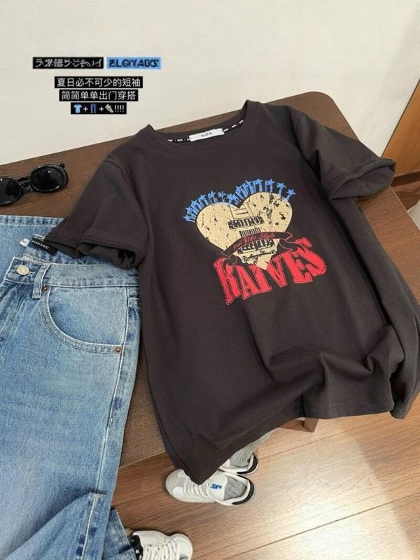 復古做舊愛心印花寬鬆潮流T 復古做舊愛心印花寬鬆潮流T