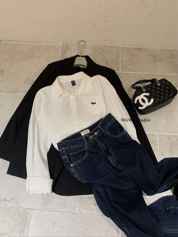 簡約小狗刺繡休閒氣質襯衫上衣 簡約小狗刺繡休閒氣質襯衫上衣