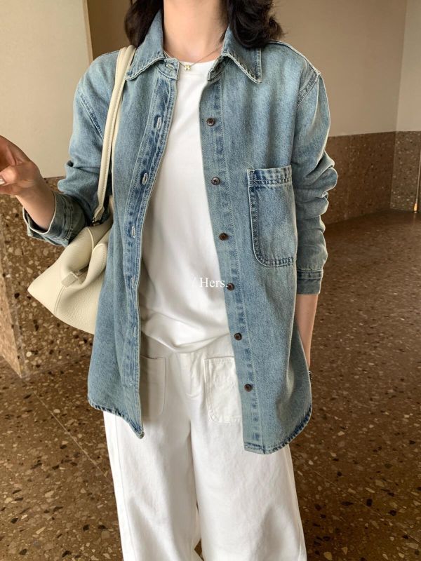 超好看刷色～休閒復古水洗正肩牛仔襯衫 超好看刷色～休閒復古水洗正肩牛仔襯衫