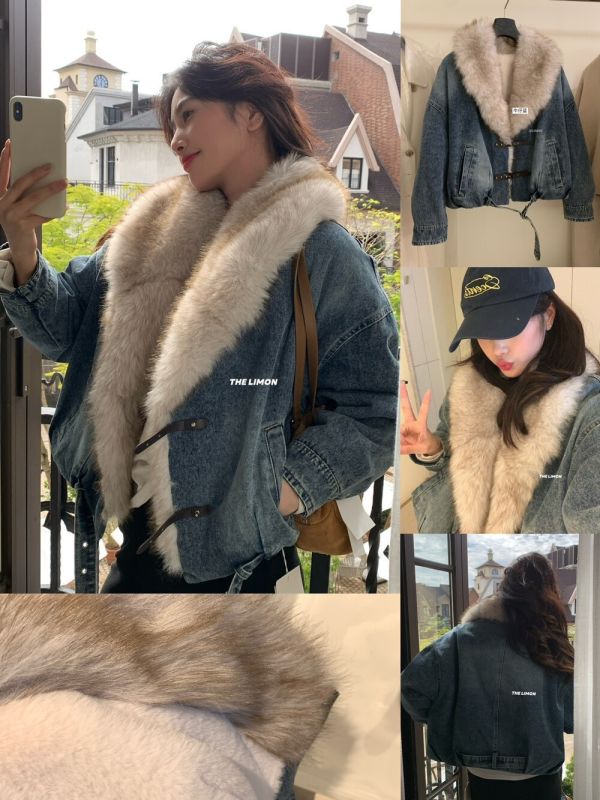 設計感重工拼接加絨大毛領毛衣保暖牛仔外套 設計感重工拼接加絨大毛領毛衣保暖牛仔外套