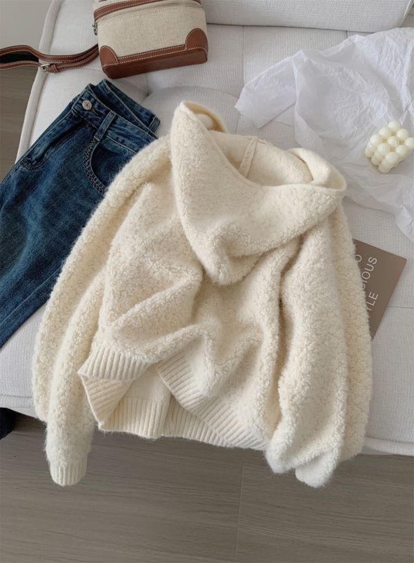 溫柔米白色羊毛圈圈紗連帽鬆弛感針織外套 溫柔米白色羊毛圈圈紗連帽鬆弛感針織外套