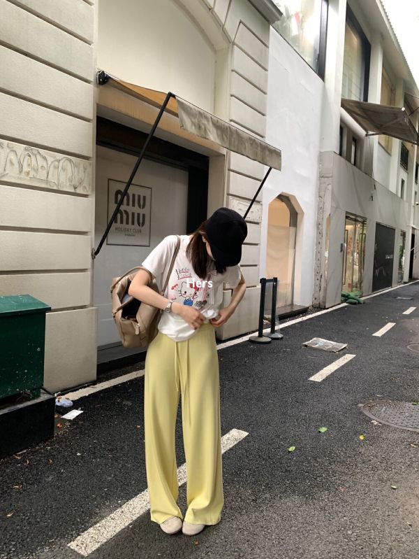 抽繩鬆緊腰休閒韓系顯瘦垂感闊腿褲-4色 抽繩鬆緊腰休閒韓系顯瘦垂感闊腿褲-4色