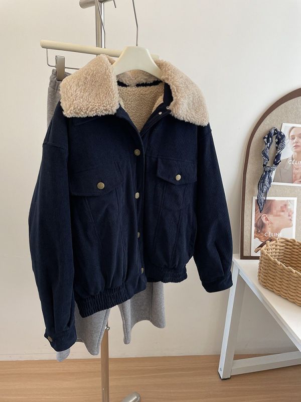 復古燈芯絨工裝短款外套 加厚羊羔毛保暖外套-2色 復古燈芯絨工裝短款外套 加厚羊羔毛保暖外套-2色