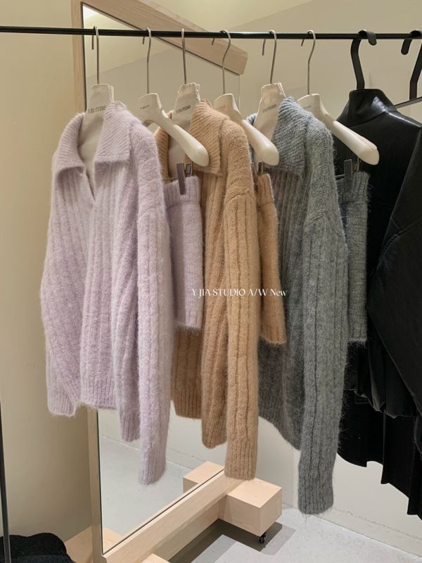 韓系慵懶風翻領針織毛衣+高腰休閒短褲-3色 韓系慵懶風翻領針織毛衣+高腰休閒短褲-3色