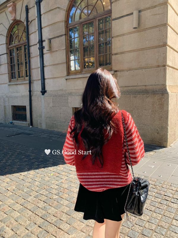 韓系條紋撞色針織衫（配披肩）-3色 韓系條紋撞色針織衫（配披肩）-3色