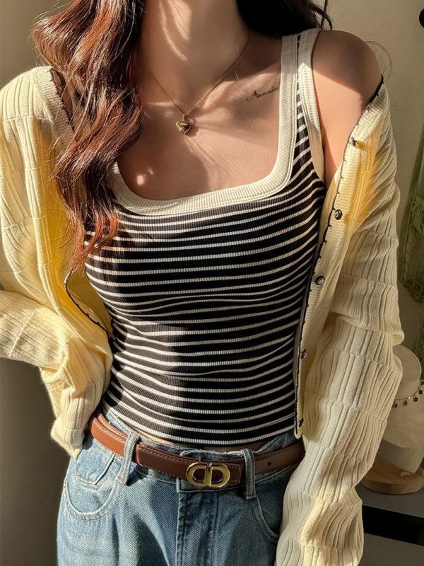 遮副乳 方領設計感撞色條紋背心-2色 遮副乳 方領設計感撞色條紋背心-2色