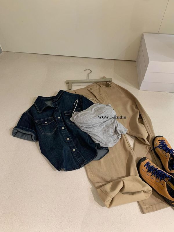 夏季美式復古休閒口袋牛仔襯衫 夏季美式復古休閒口袋牛仔襯衫