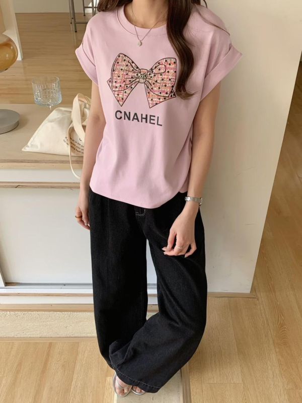 小香風 蝴蝶結花呢貼布T恤-4色 小香風 蝴蝶結花呢貼布T恤-4色