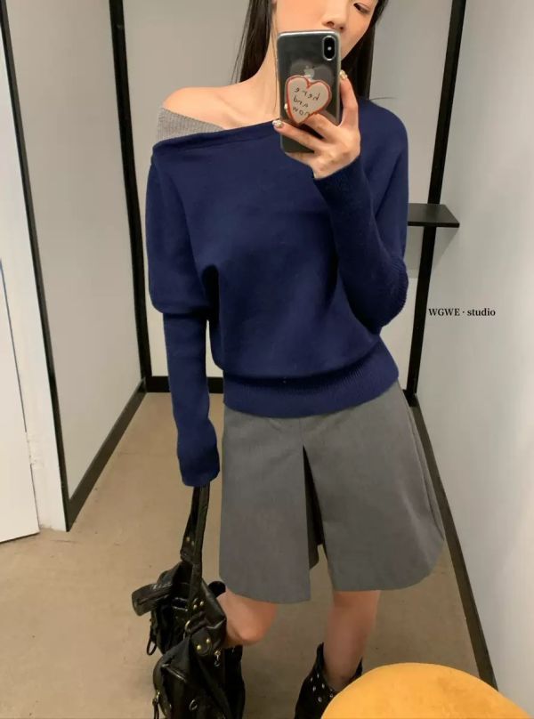 溫柔百搭顯瘦斜肩撞色針織上衣-4色 溫柔百搭顯瘦斜肩撞色針織上衣-4色