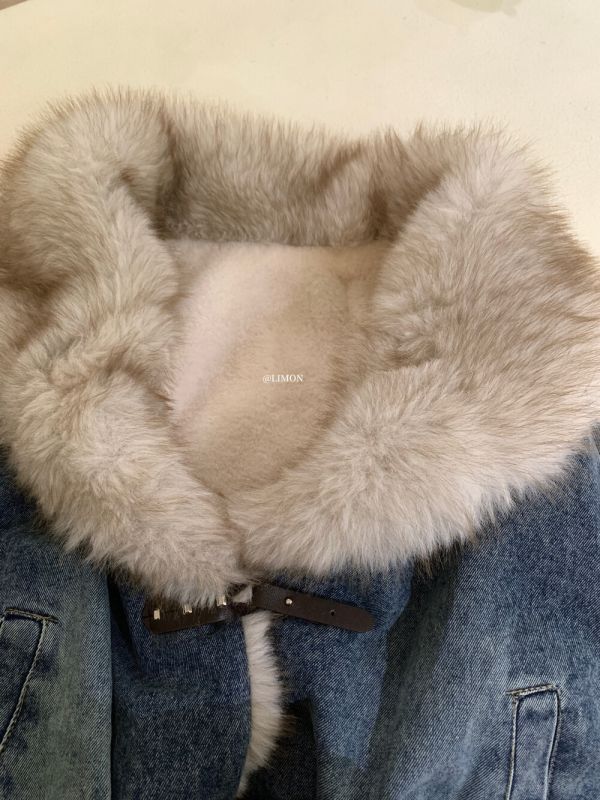 設計感重工拼接加絨大毛領毛衣保暖牛仔外套 設計感重工拼接加絨大毛領毛衣保暖牛仔外套