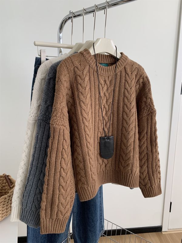 韓版粗針麻花加厚保暖羊毛針織上衣-3色 韓版粗針麻花加厚保暖羊毛針織上衣-3色