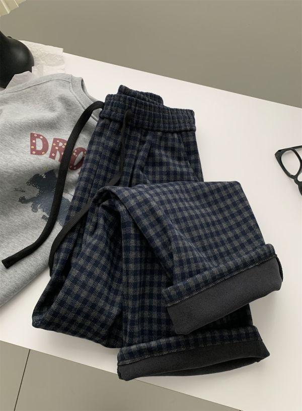 加厚加絨格子直筒保暖休閒褲-2色 加厚加絨格子直筒保暖休閒褲-2色