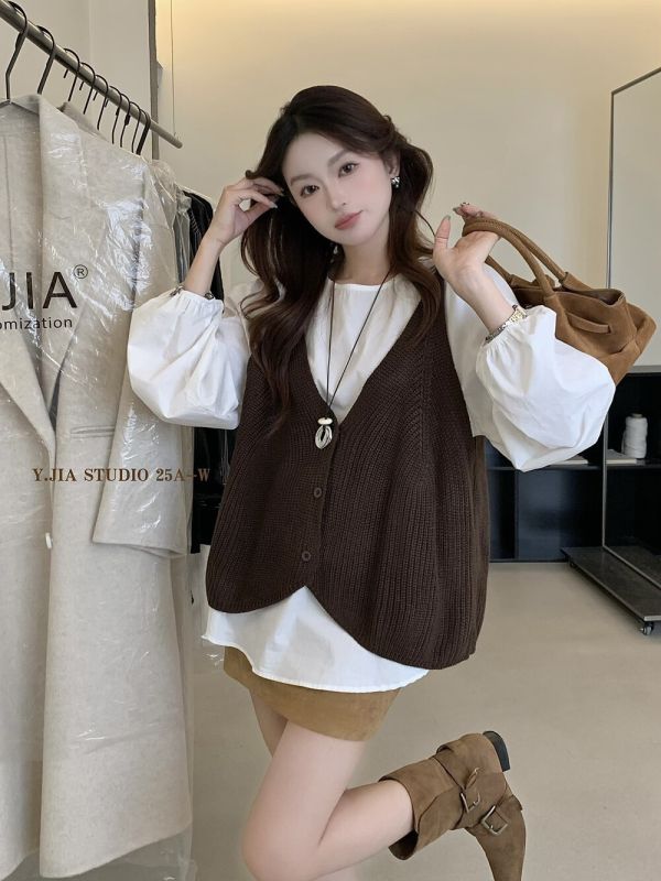 韓系寬鬆顯瘦襯衫+V領針織馬甲背心-4色 韓系寬鬆顯瘦襯衫+V領針織馬甲背心-4色
