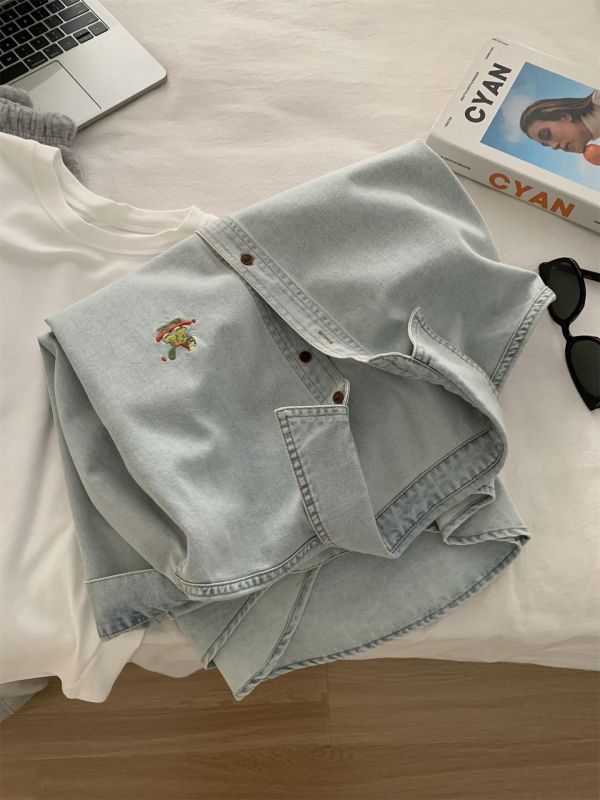 清新文藝紗 復古淺藍小馬刺繡翻領襯衫上衣 清新文藝紗 復古淺藍小馬刺繡翻領襯衫上衣