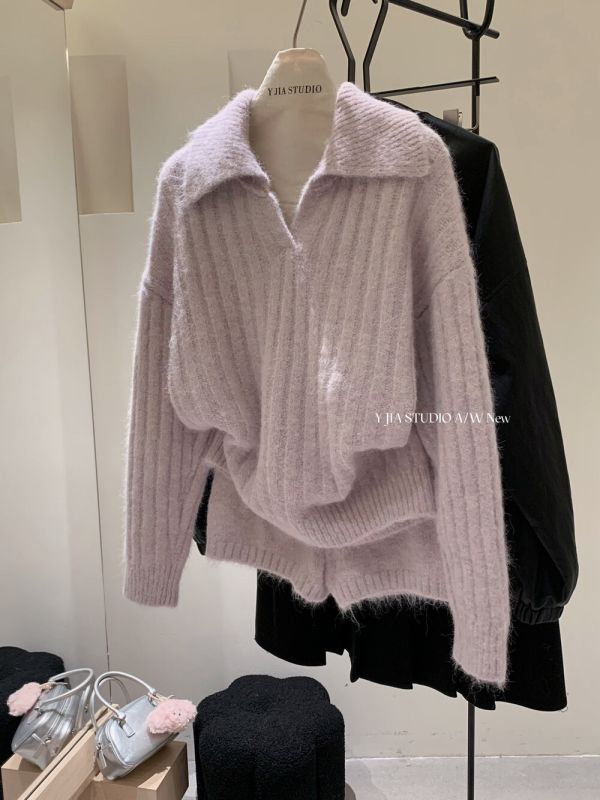 韓系慵懶風翻領針織毛衣+高腰休閒短褲-3色 韓系慵懶風翻領針織毛衣+高腰休閒短褲-3色