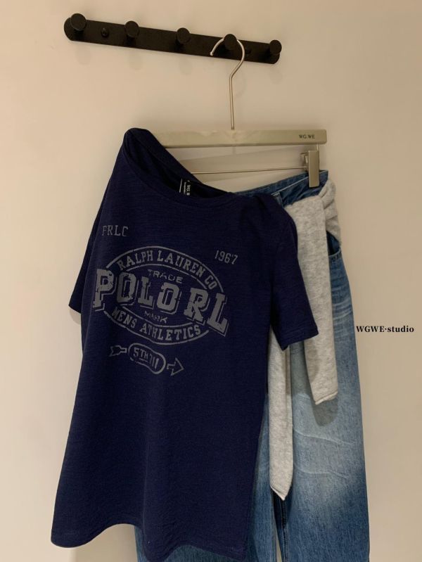 簡約做舊字母印花美式竹節棉上衣-2色 簡約做舊字母印花美式竹節棉上衣-2色