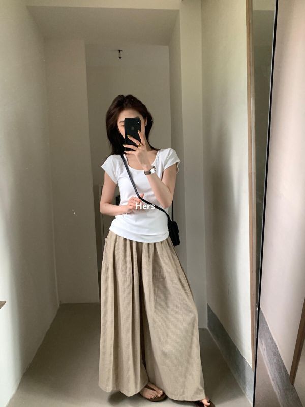 復古格子休閒垂感闊腿褲-3色 復古格子休閒垂感闊腿褲-3色
