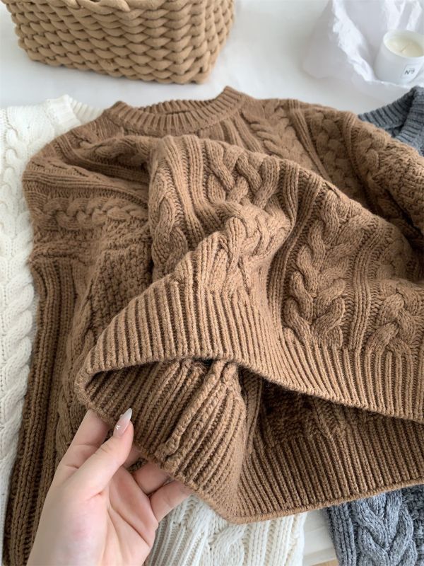 韓版粗針麻花加厚保暖羊毛針織上衣-3色 韓版粗針麻花加厚保暖羊毛針織上衣-3色