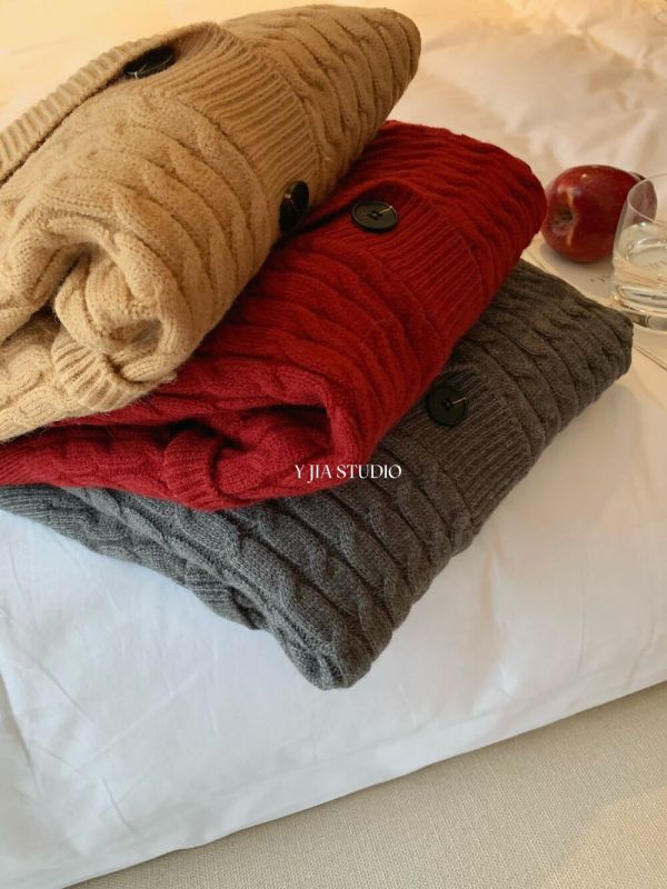 韓系溫柔風寬鬆麻花氣質毛衣開衫-3色 韓系溫柔風寬鬆麻花氣質毛衣開衫-3色