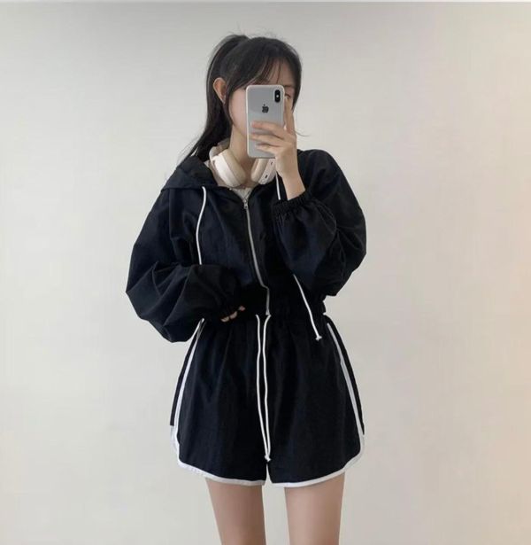 Korea 車線連帽外套+短褲SET-2色 Korea 車線連帽外套+短褲SET-2色
